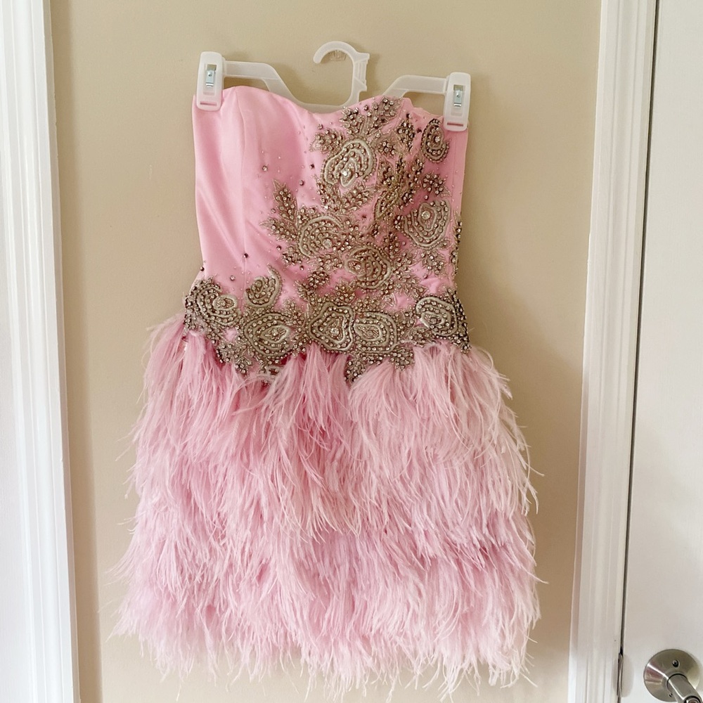 Sherri Hill Pink Bejeweled Feathered Tutu Dress